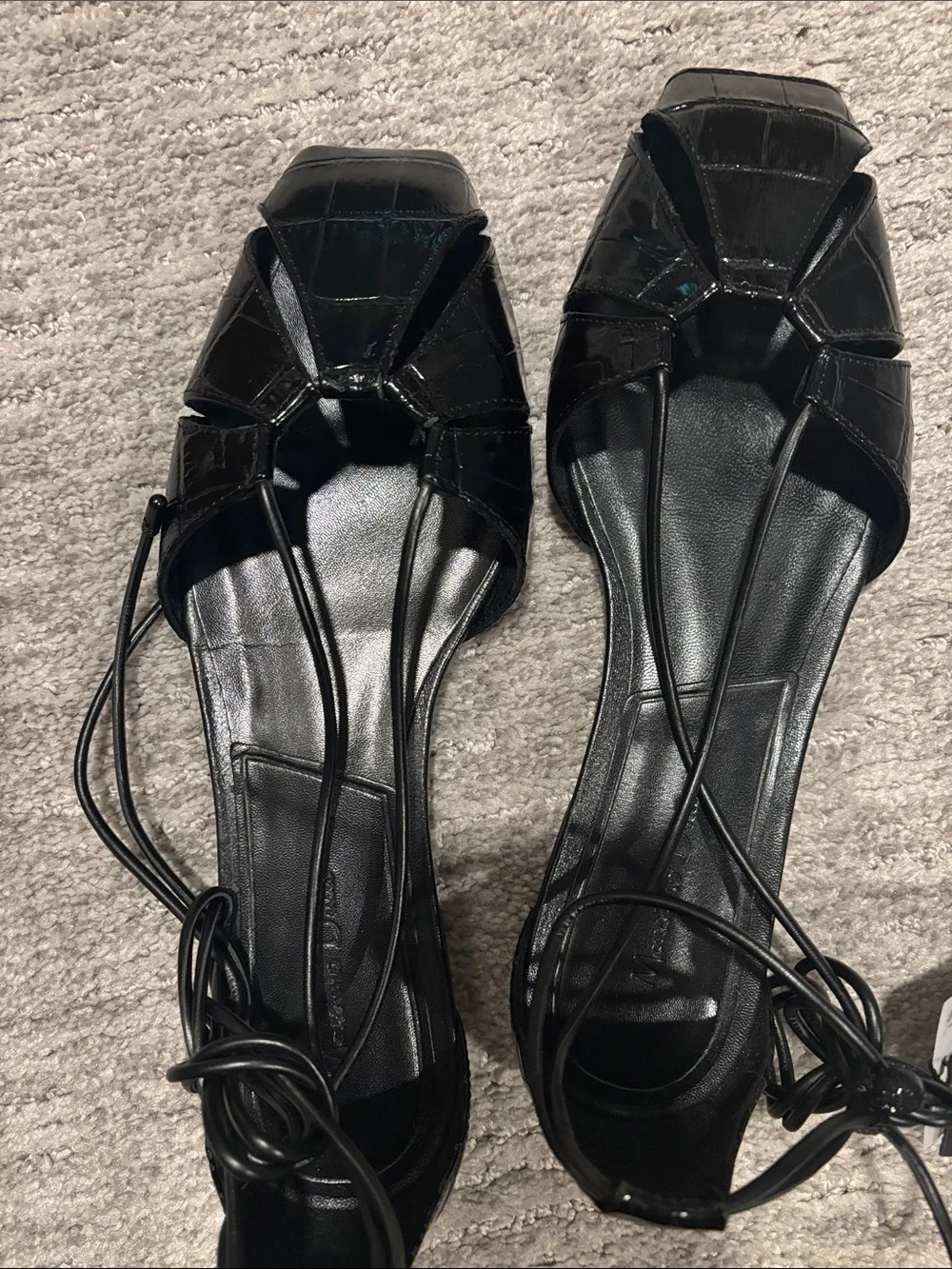 Massimo Dutti Black Croc-Embossed Square-Toe Lace-Up Flats size 8